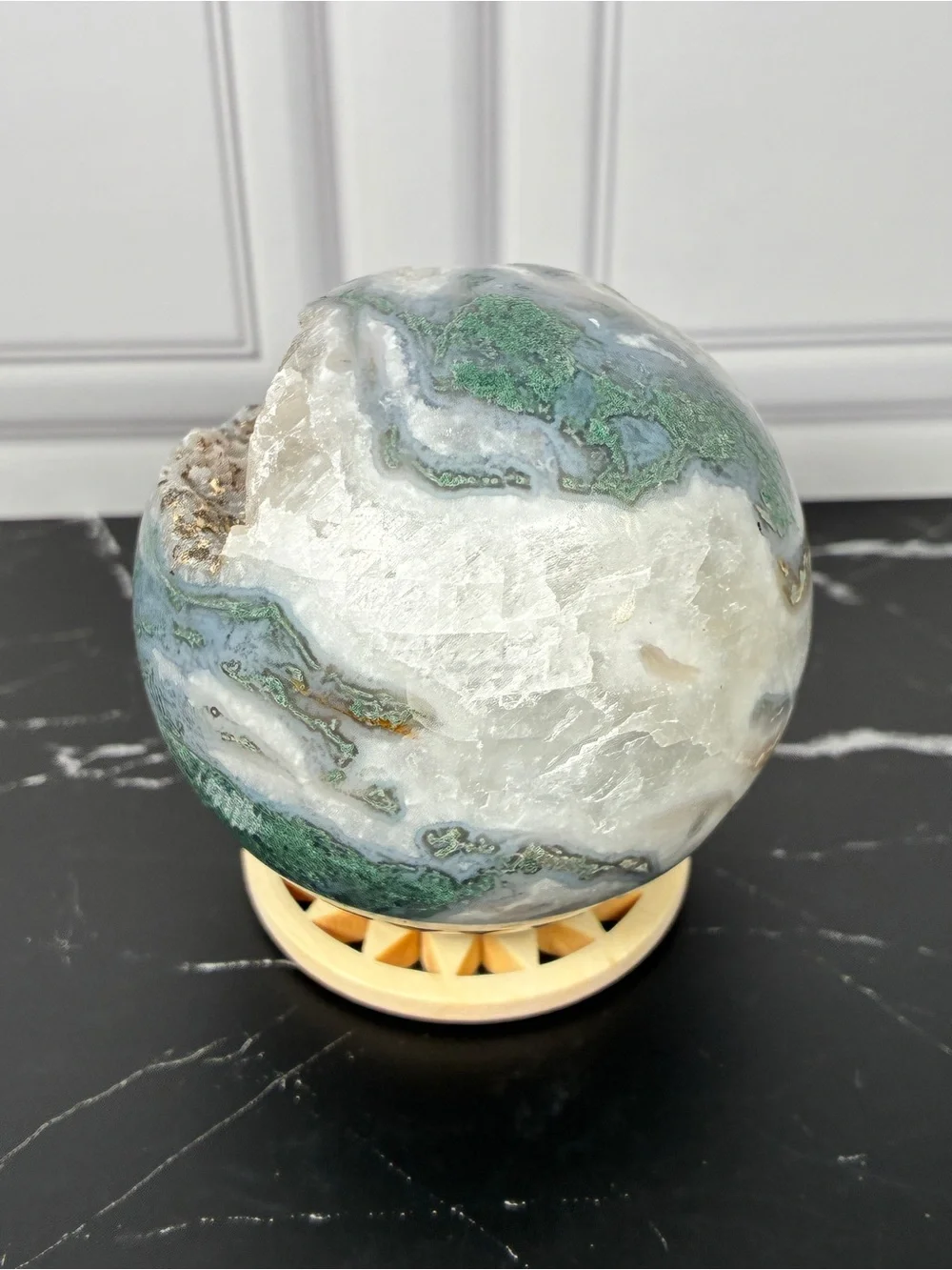 Emerald Dreamscape — Moss Agate Druzy Sphere & Tower Crystal Set
